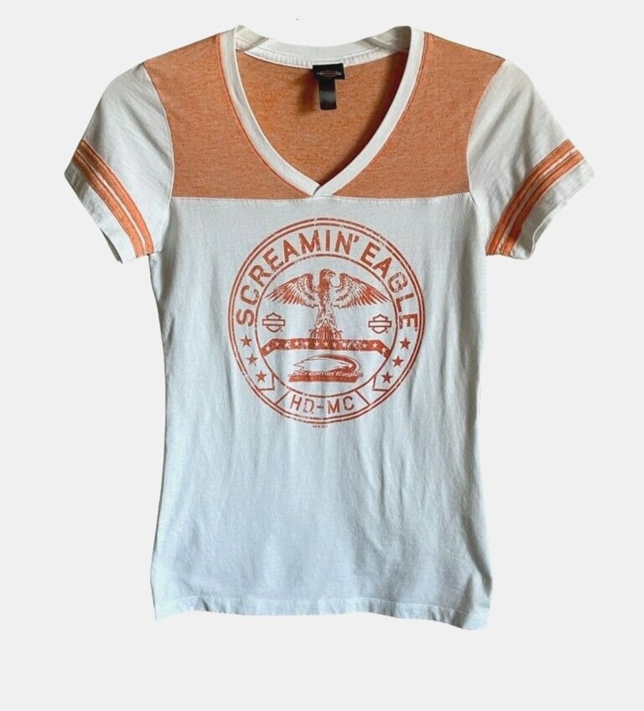 Harley Davidson Womens Short Sleeve TShirt SZ Small Orange White Screamin Eagle